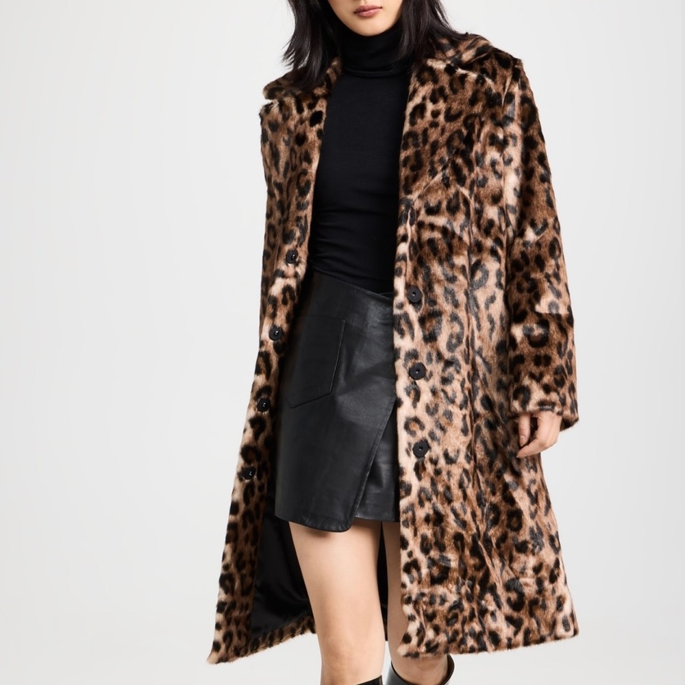 Apparis Leopard Print Faux Fur Coat in Brown and Black